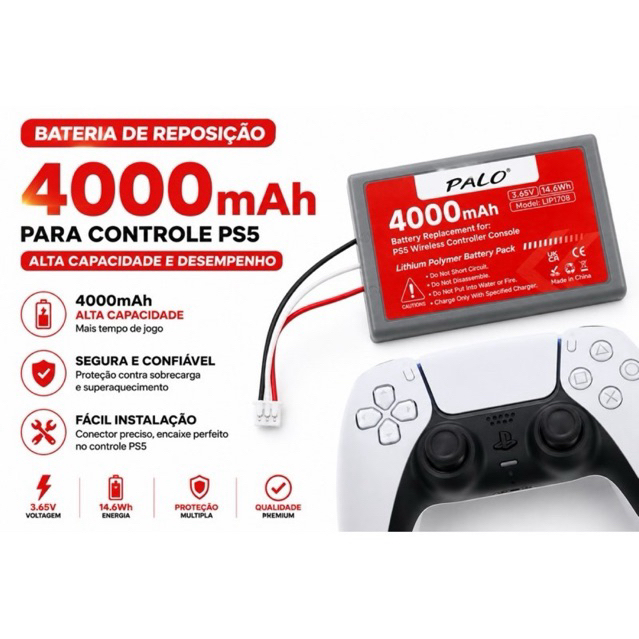Bateria 4000mAh para Controle PS5 Sony LIP1708 para Playstation 5 DualSense, Controle Sem Fio para CFI-ZCT1J CFI-ZCT1W