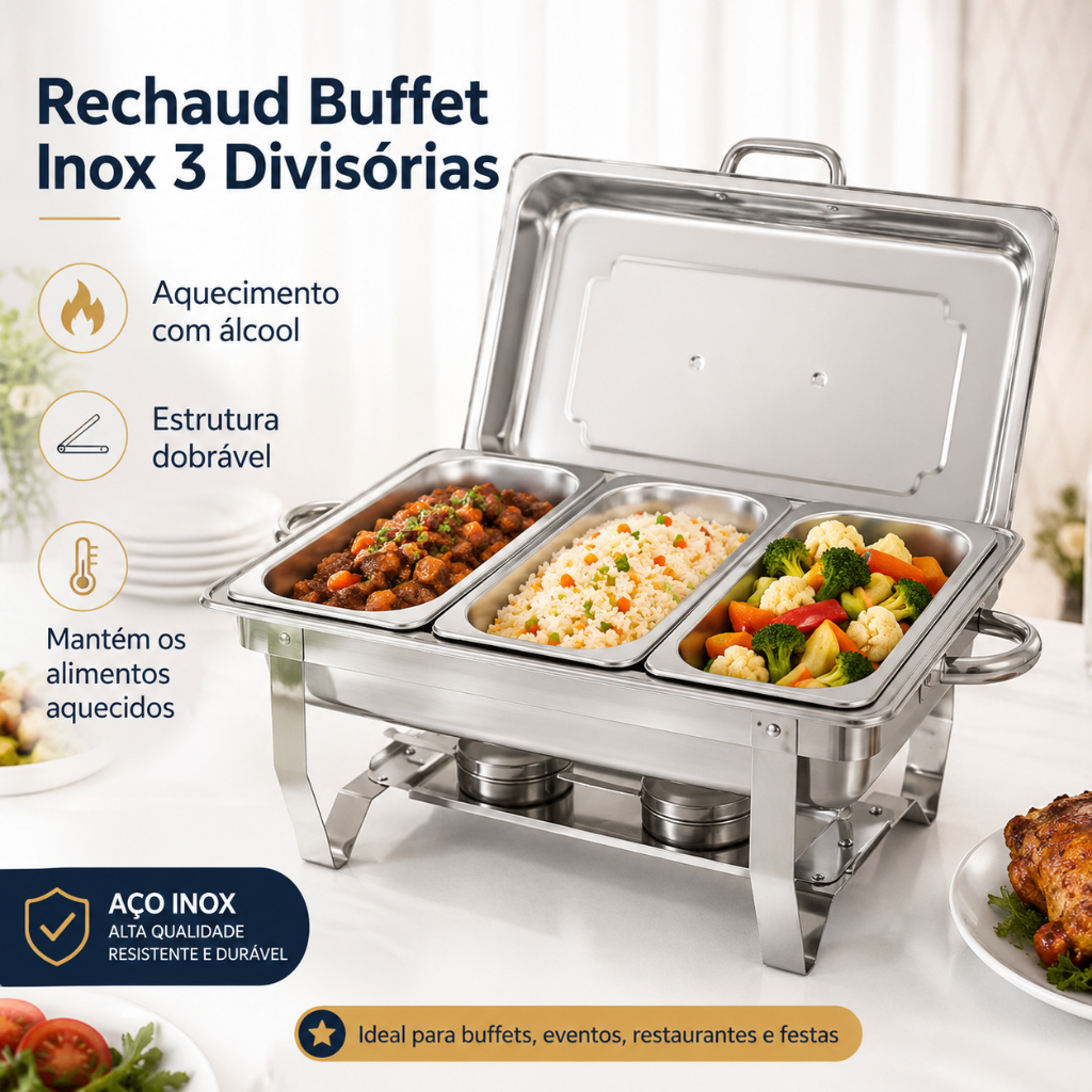 Rechaud Inox Buffet 11L 3 Cubas Aquecedor de Comida Banho Maria Profissional para Restaurante Hotel Festa Evento