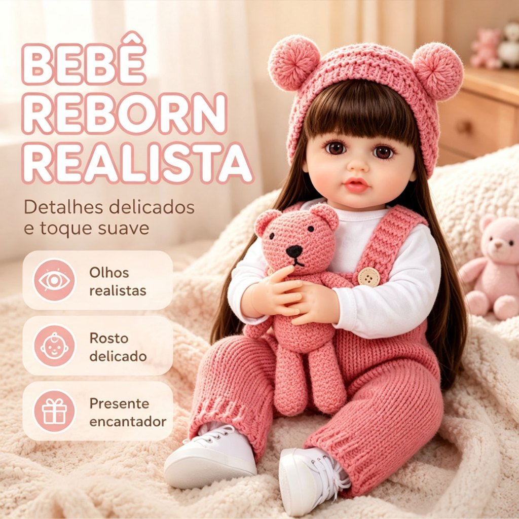 ZAVANESE Bebê Reborn Realista  - Menina Rosa com Ursinho e Touca de Pompons - Toque Suave e Olhos Detalhados - Presente