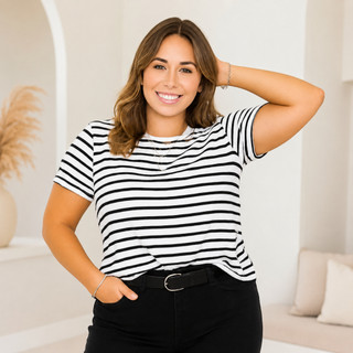 Camiseta Feminina T-Shirt Listrada Contemporânea Casual Blusa Dia A Dia Moderno Confortável