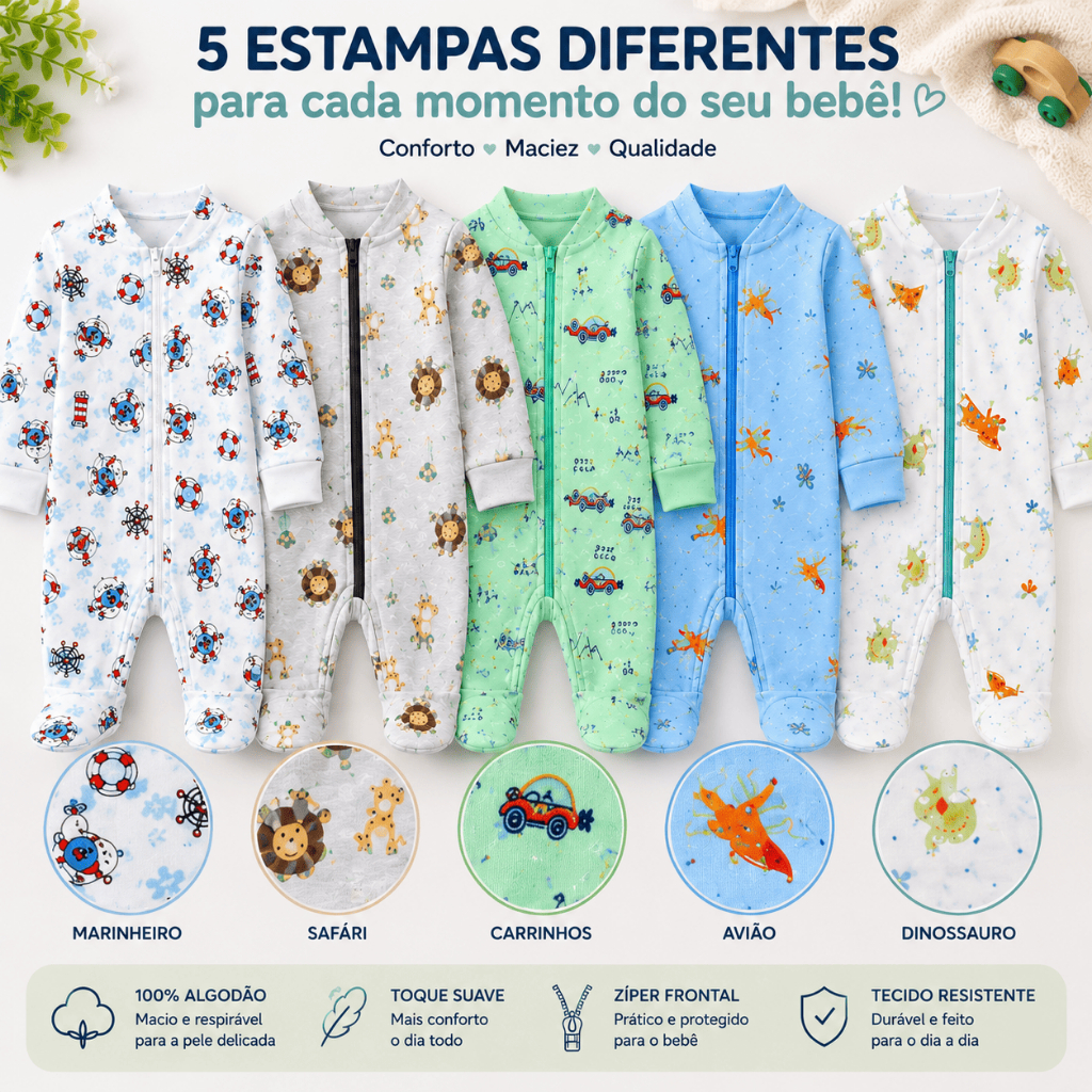 Kit 5 Macacão Estampado Menino Roupa Infantil Bebê Zíper Algodão Macio