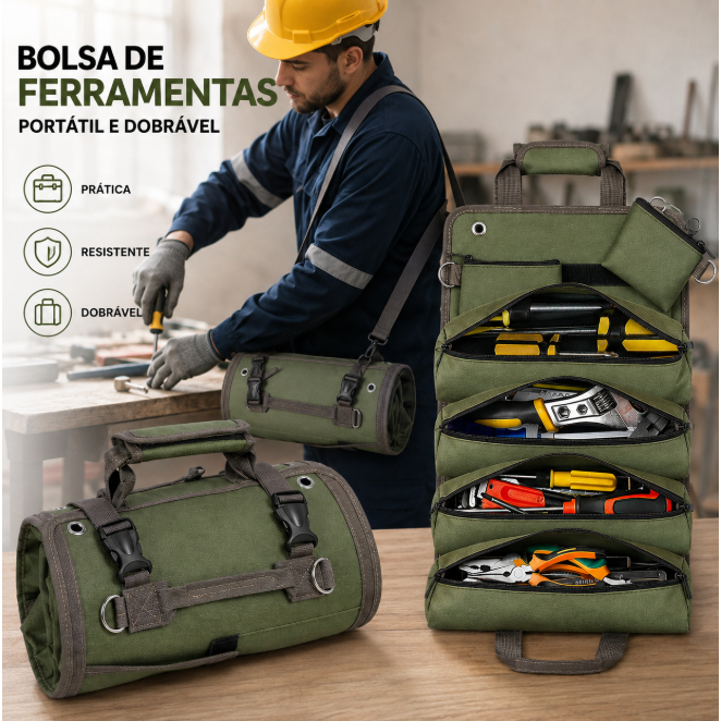 Bolsa Estojo de Ferramentas Dobrável portátil Eletricista Mecânico 5 Compartimentos Zíper Alça Multiuso Verde