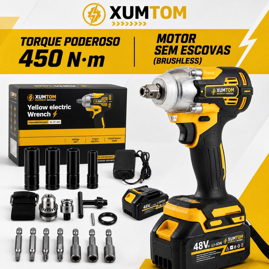 Chave de Impacto 48V Sem Fio Eletrica 450NM Parafusadeira Furadeira Brushless Com 1 Baterias kit ferramentas completo