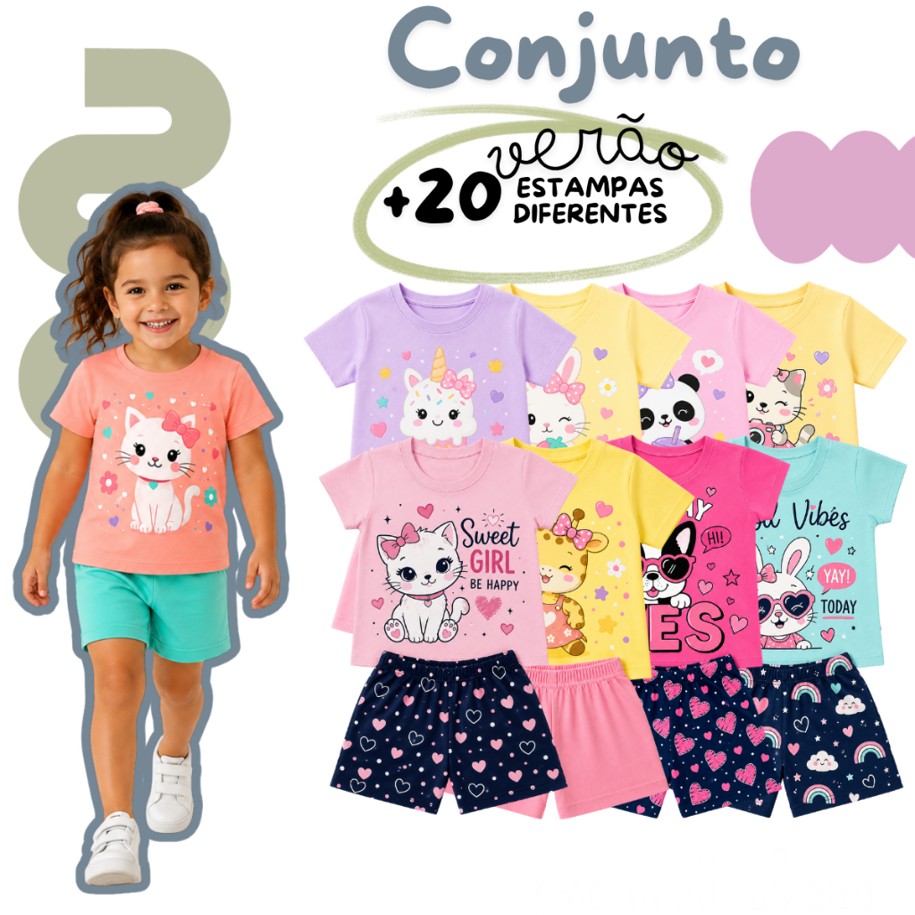 Kit 8 a 2 Peças Conjunto Verão Infantil Sortido Menina Estampado Calor 1 a 8 anos