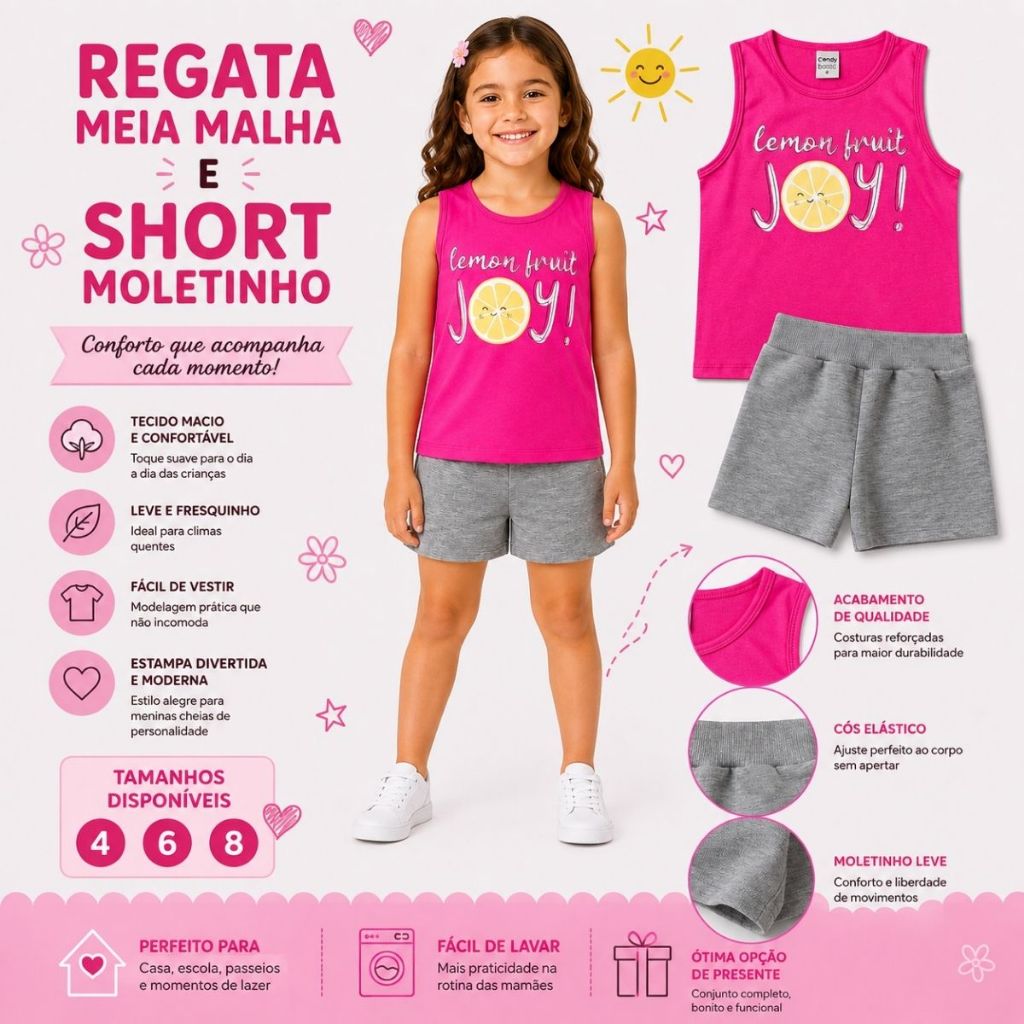 Conjunto Menina Confortável Blusa Regata Shorts Moletinho Camiseta Cavada Feminino Verão Dia A Dia