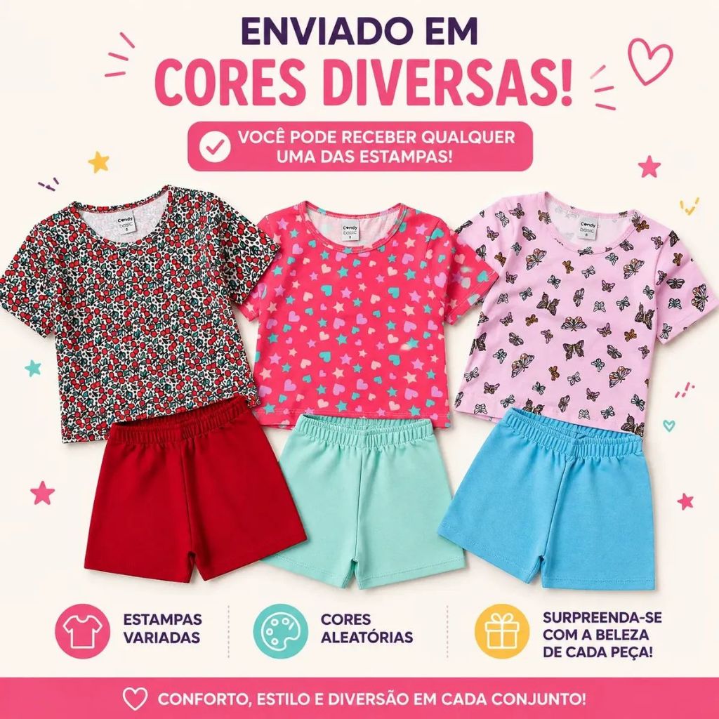 Conjunto Roupa Menina Blusa Cropped Shorts Estampado Sortido Confortável Dia A Dia 4 6 8 Infantil