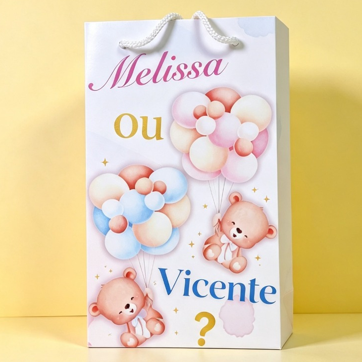 Sacolinhas Surpresa Personalizadas - Aniversário Festa Chá Revelação Ursinhos - Lembrancinhas - Kit PEGUE E MONTE
