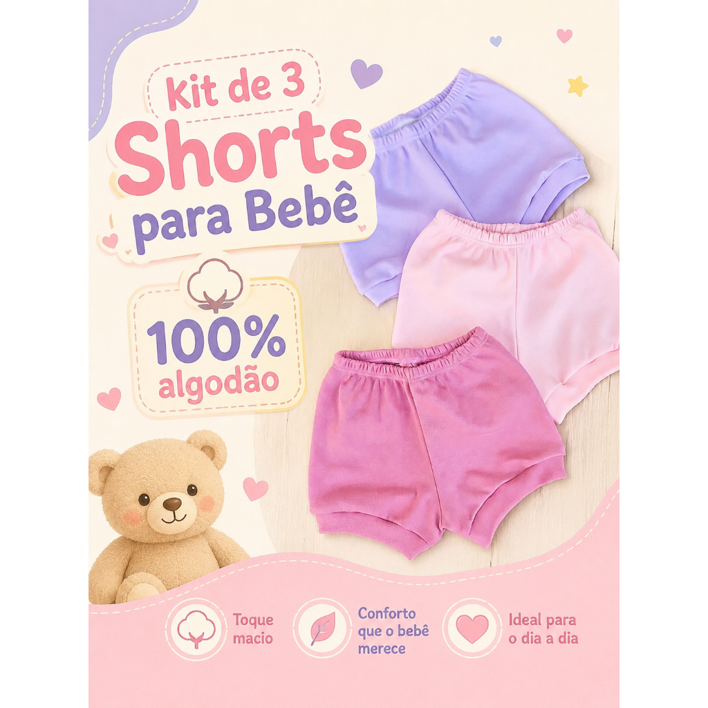 3 Shorts Tapa Fralda de Algodão para Bebê Enxoval Maternidade