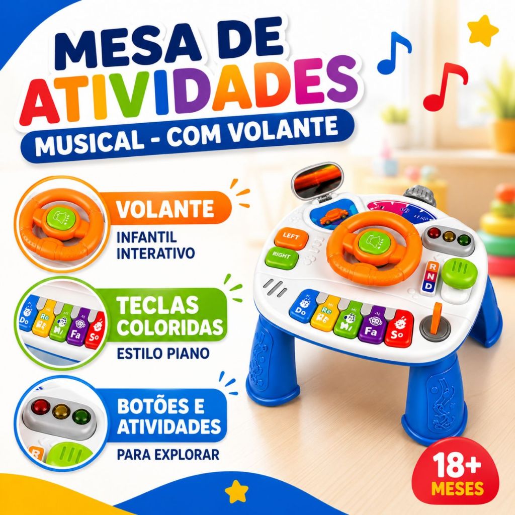 Mesa de Atividades Infantil Didática com Volante e Sons para Bebê Brinquedo Mochila Educativo Parede Casa Quarto