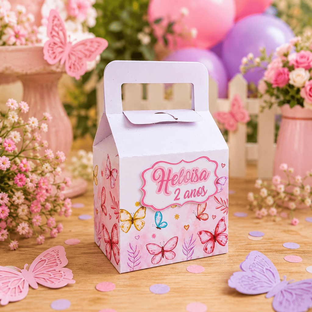 Lembrancinha Personalizado Kit Caixa Mala Jardim das Borboletas - Caixinhas Desmontadas - Caixinhas Cortadas e Vincadas