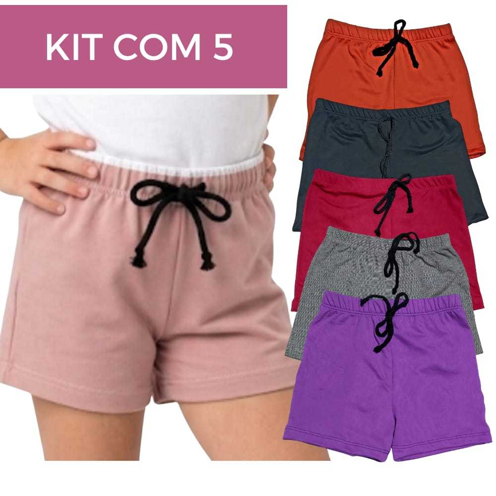 Kit 5 Shorts Infantil Feminino de Malha  Suede Liso Verao Roupa De Menina