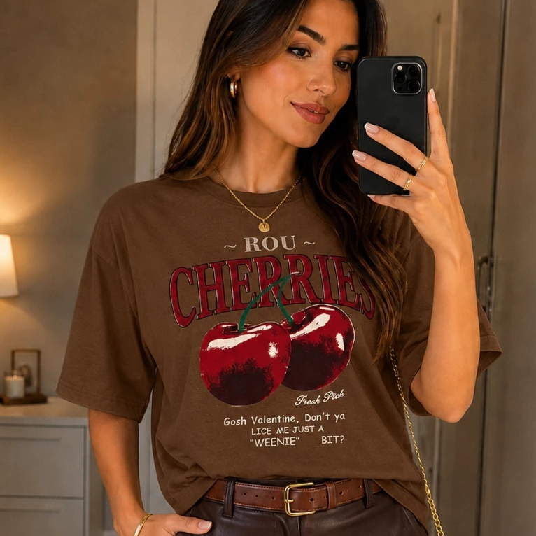 Camiseta Oversizad Linda Feminina Estampada "Cherries cereja" 100% Algodão Premium Moda Urbana Corte Reto Estilo Gringa