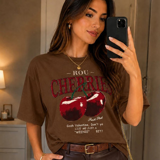 Camiseta Oversizad Linda Feminina Estampada "Cherries cereja" 100% Algodão Premium Moda Urbana Corte Reto Estilo Gringa