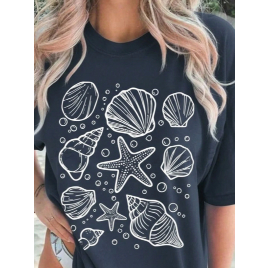 Camisa Camiseta Feminino Estampada Praia Conchas Mar Estrela Malha Premium 100% Algodão  Confortável