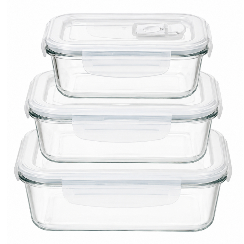 Kit 3 Potes Vidro Tampa Hermética com Válvula 360ml + 580ml + 1030ml Marmita Armazenar Alimento Comidas Refeição