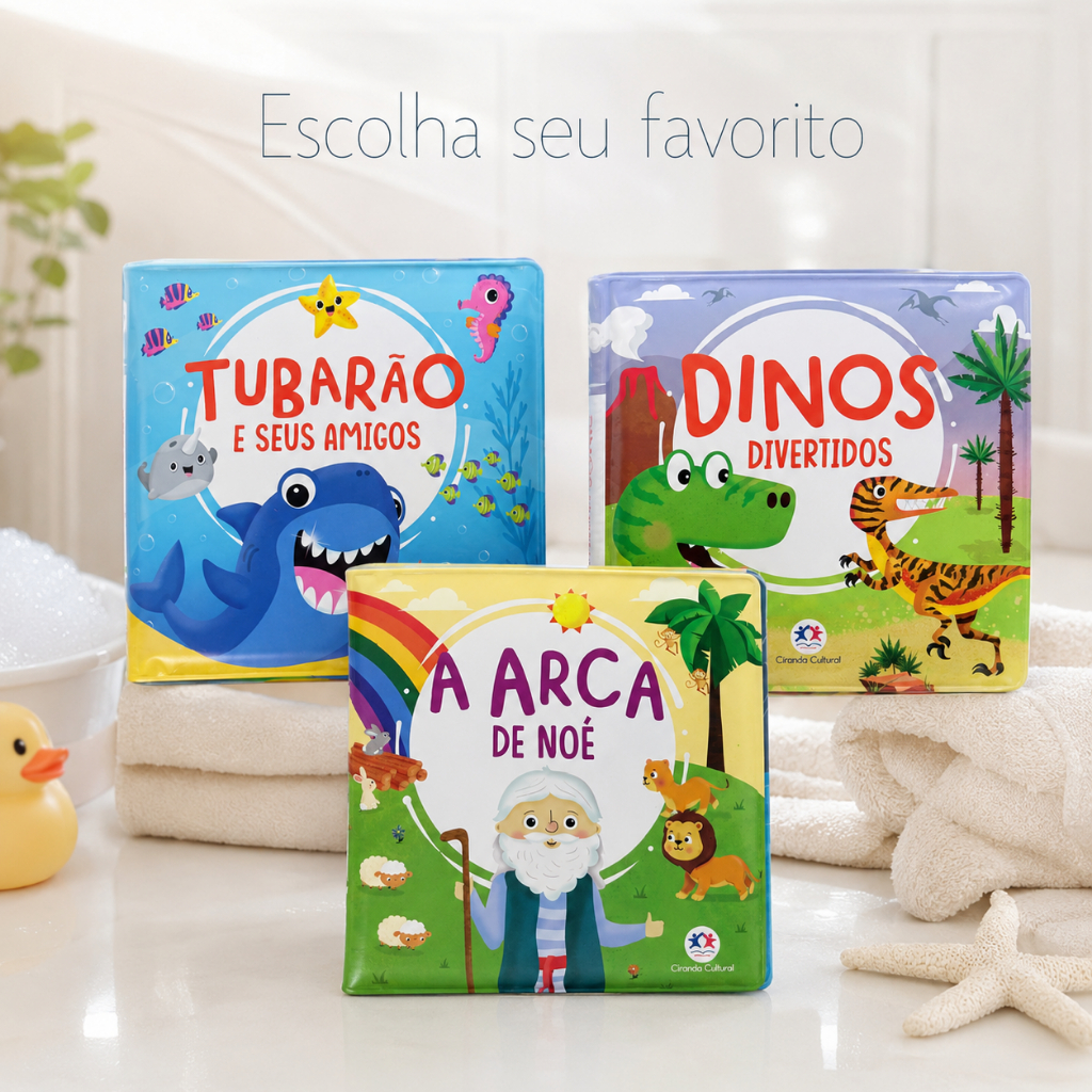 Livro de Banho para Bebê com Apito Infantil Impermeável 6 Páginas +6 Meses Escolha o Tema (Noé, Dino ou Tubarão)