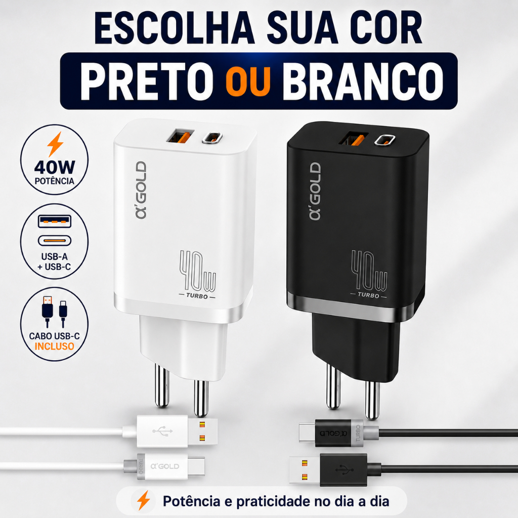 Carregador A'Gold CA42-3 Turbo 40W USB + USB-C 9.1A com Cabo USB-C Carga Rápida
