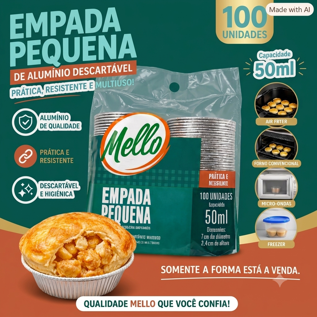 Kit Forminhas Alumínio Descartáveis Empada 50ml Mello 100 a 400 Unid - Forno, Air Fryer, Micro-ondas e Freezer — imagem 2 de 2