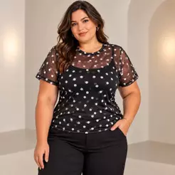 Blusa Tule Feminina de Poa Plus Size Segunda Pele Transparente Blusinha de Bolinha Dia a Dia