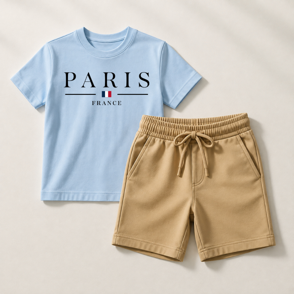 Conjunto Short Bege Com Bolso + Camiseta "Paris" Algodão Infantil Kids Juvenil