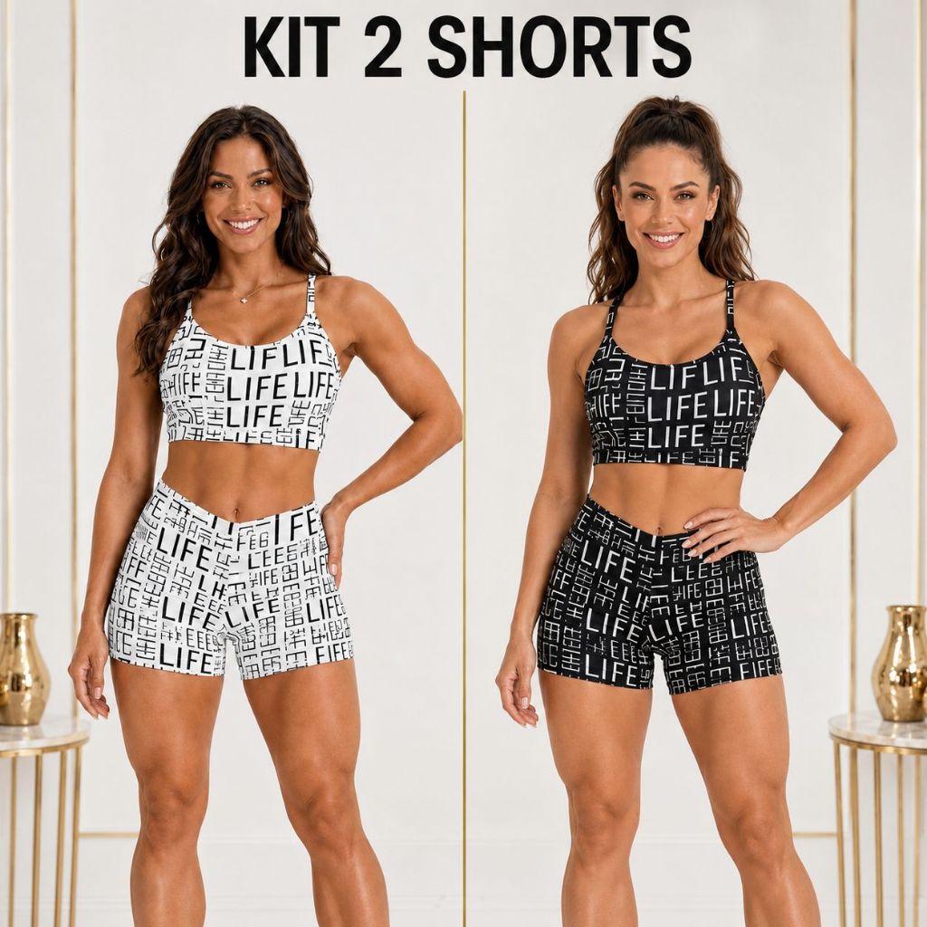 Kit 2 Shorts Estampado Life Feminino Suplex Fitness Meia Coxa Academia Crossfit Verão Cós Alto Roupa Ginástica Colorido