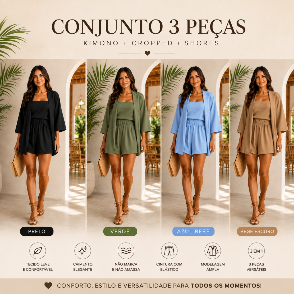 Conjunto Feminino Linho 3 Peças Kimono + Cropped + Shorts com Elástico Não Amassa Verão Elegante
