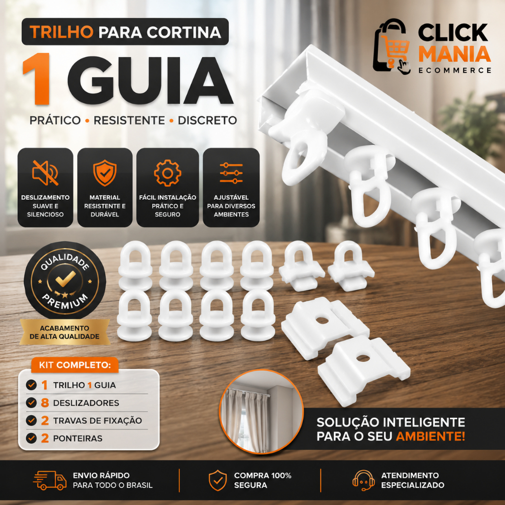 Trilho Suíço Simples Max Alumínio Branco Presilhas + Deslizantes + Terminais para instalação