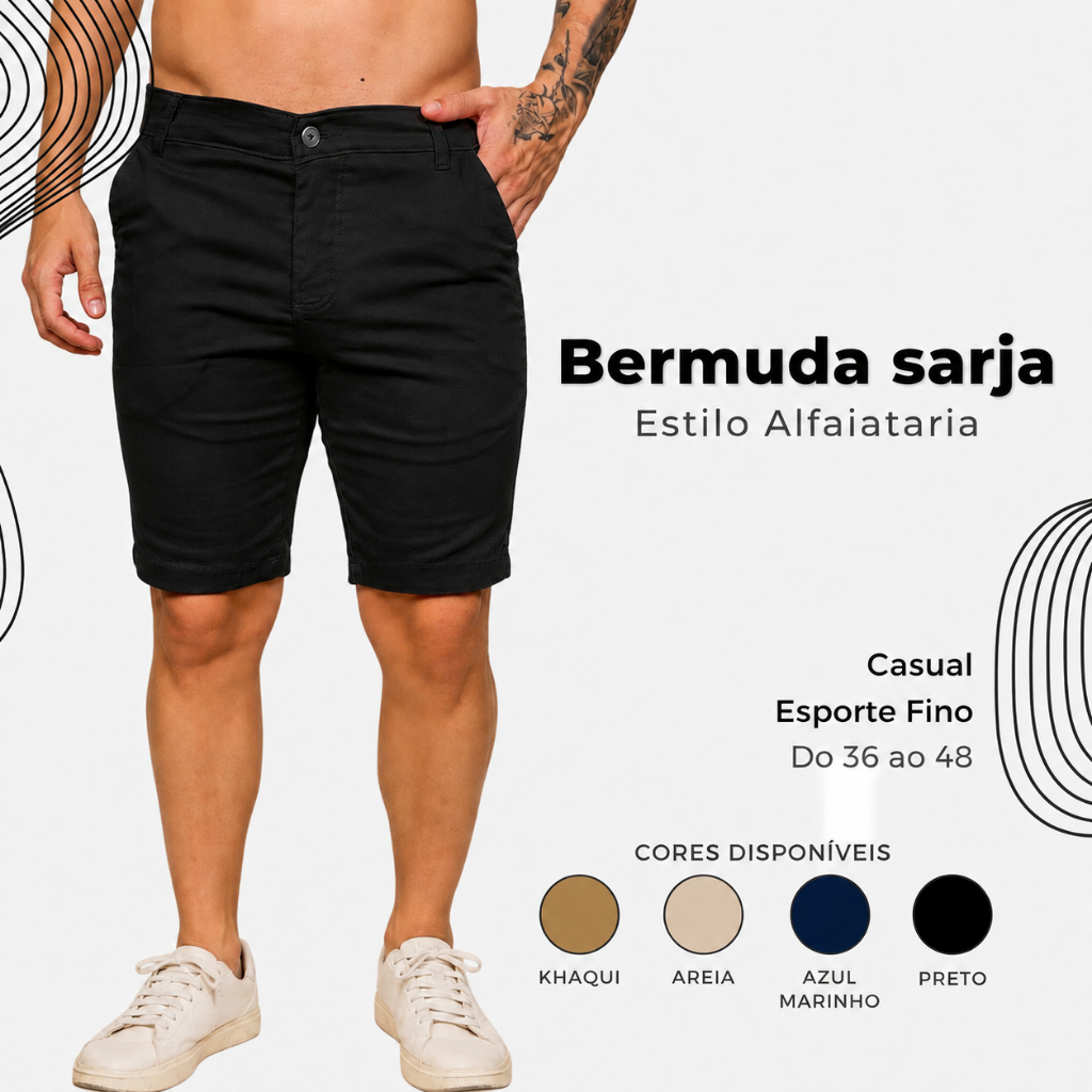 Bermuda Masculina Sarja Slim Brim Elastano Confortável Casual Esporte Fino Premium Direto de Fábrica