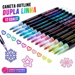 Kit Caneta Contorno Linha Dupla 12 Cores Brilhante Marcador de Destaque para Scrapbook Artesanato Escolar RM1547