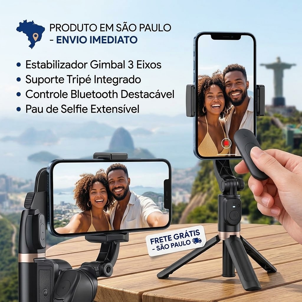 Gimbal Estabilizador de Celular 4 em 1 com Tripé e Controle Bluetooth | Pau de Selfie Profissional para Vídeos e Fotos