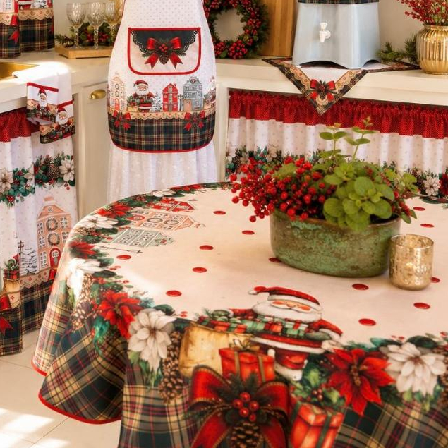 Toalha Para Mesa Festiva Redonda De 4 Lugares 1,45m x 1,45m -Estampa Coleção Papai Noel Xadrez — imagem 2 de 2