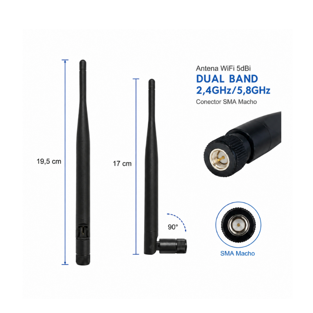 Antena WiFi Dual Band 5dBi 2,4GHz 5,8GHz SMA Macho pino Central Preto 19,5cm Omnidirecional Alto Para Roteador Repetidor