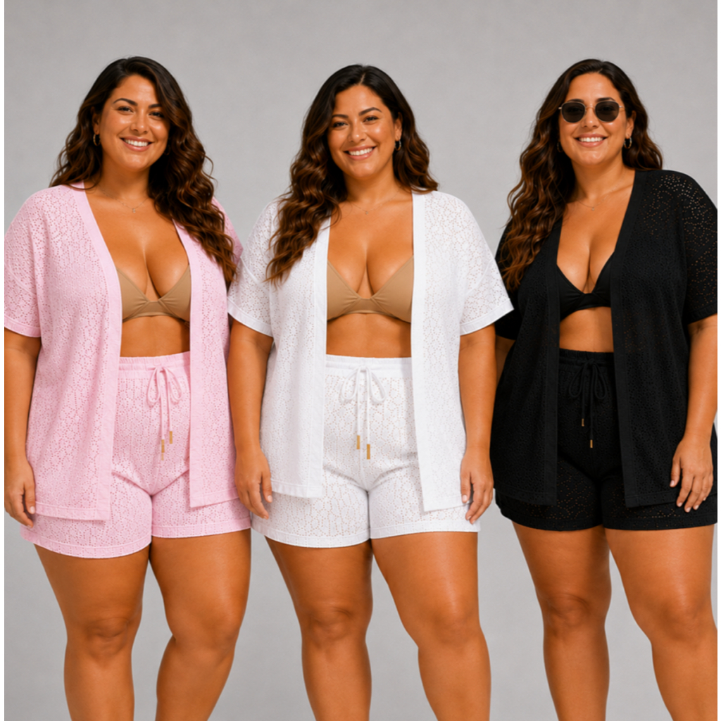 Saída de Praia Plus Size Short e Cardigan Kimono Tricot Moda Praia Feminina Tamanho Grande Tam - 46 48 50 Verão Ano Novo