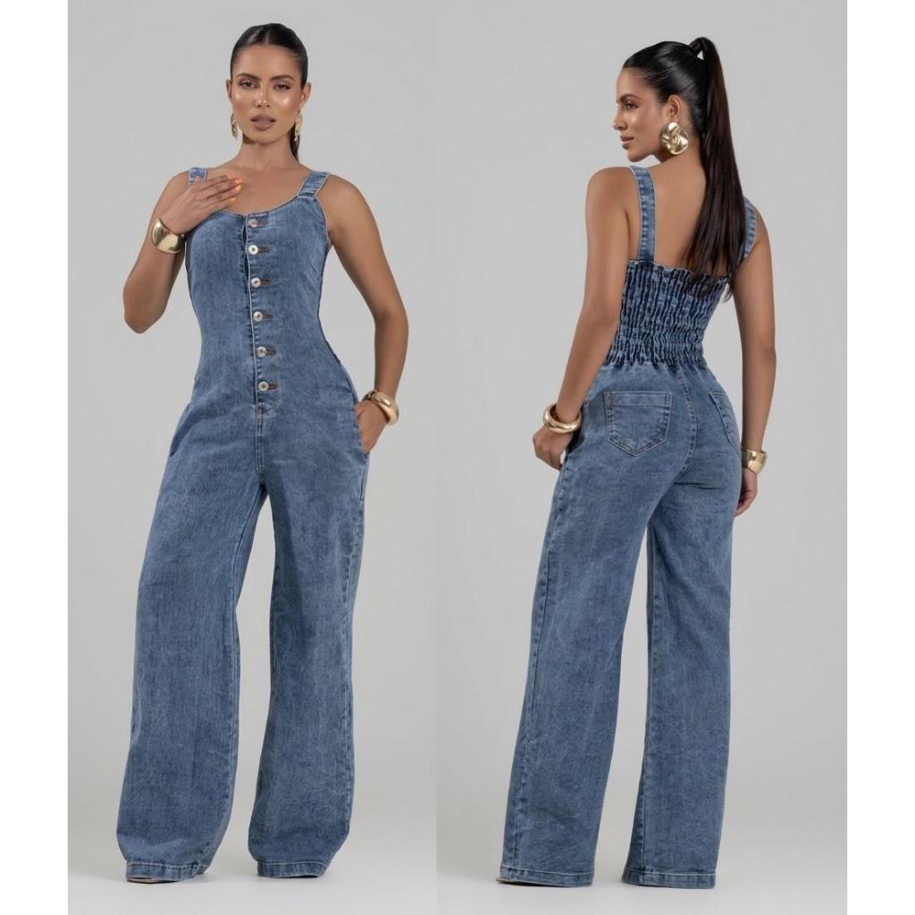 Macacão Jeans Longo Pantalona Feminino com lastex nas costa P M G