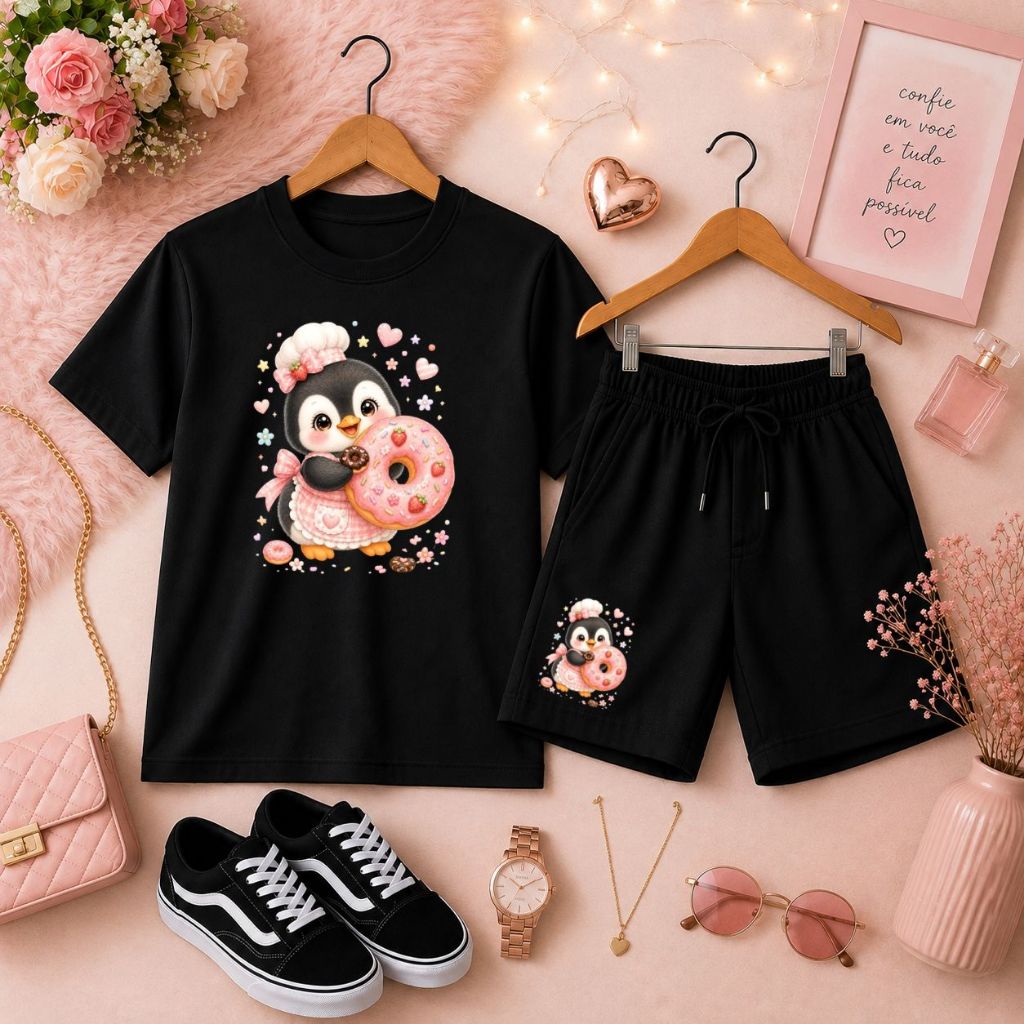 Princesinha Cheia de Estilo Conjunto Infantil Feminino com Camiseta e Short de Moletom Confortável Estampa Pinguim Fofa