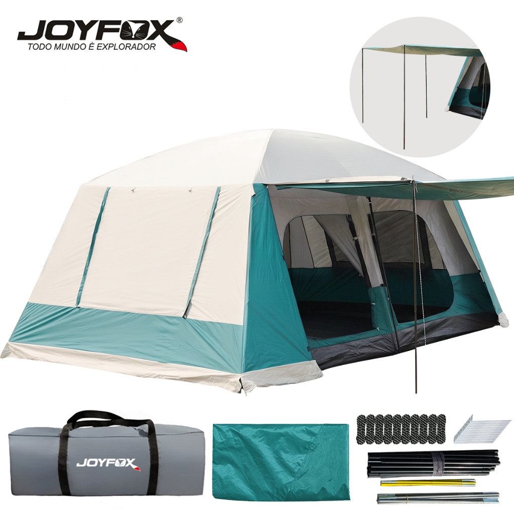Barraca Camping 12-16 Pessoas Grande Duplo Quarto Impermeável 5000mm Com Varanda E Cobertura Total