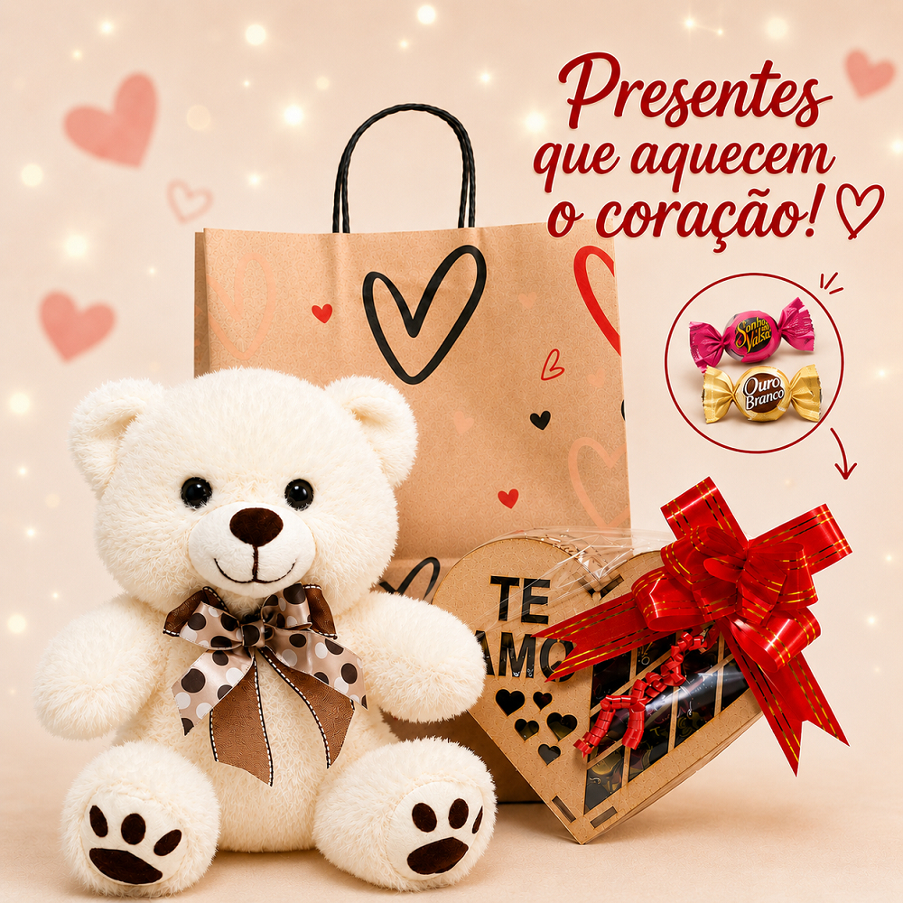 Cesta/Kit Presente Urso Pelúcia Chocolate Coração - Aniversário/Namorado/Mãe/Amiga/Namorada/Criança