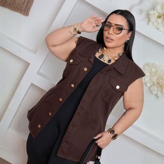 Max Colete Jeans Feminino Longo Plus Size Tamanhos Grandes 100% Jeans Barra Desfiada Moda Feminina