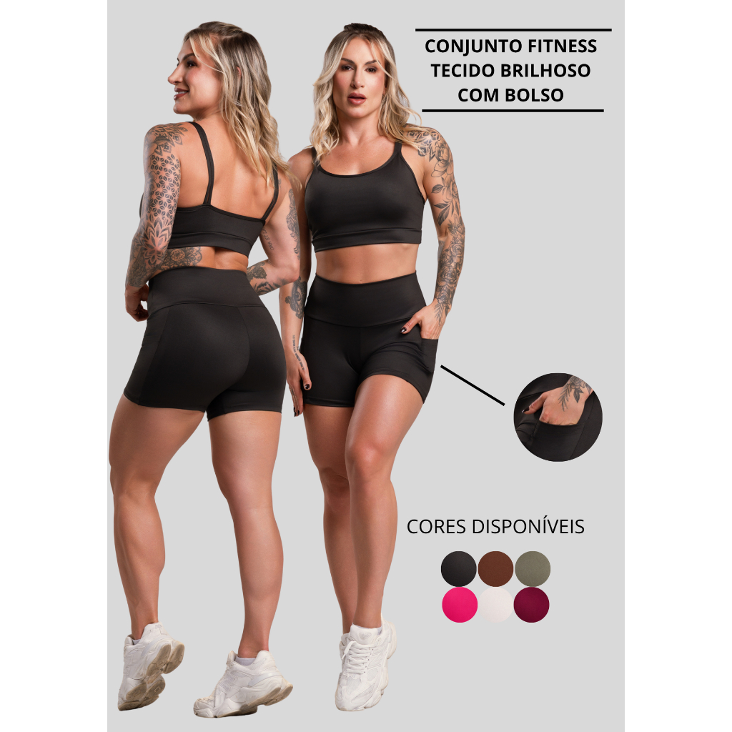 Conjunto Fitness Feminino Brilhoso Academia Top Cropped Alcinha e Short Com Bolso Cintura Alta ZERO TRANSPARÊNCIA