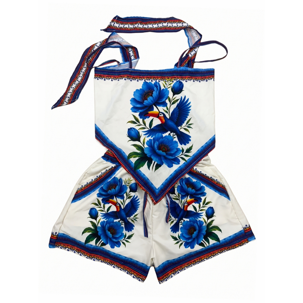Conjunto Feminino Tropical Estilo Bandana |Super Charmoso E Fresquinho| Conjunto Duas Peças Short E Cropped | Estampad