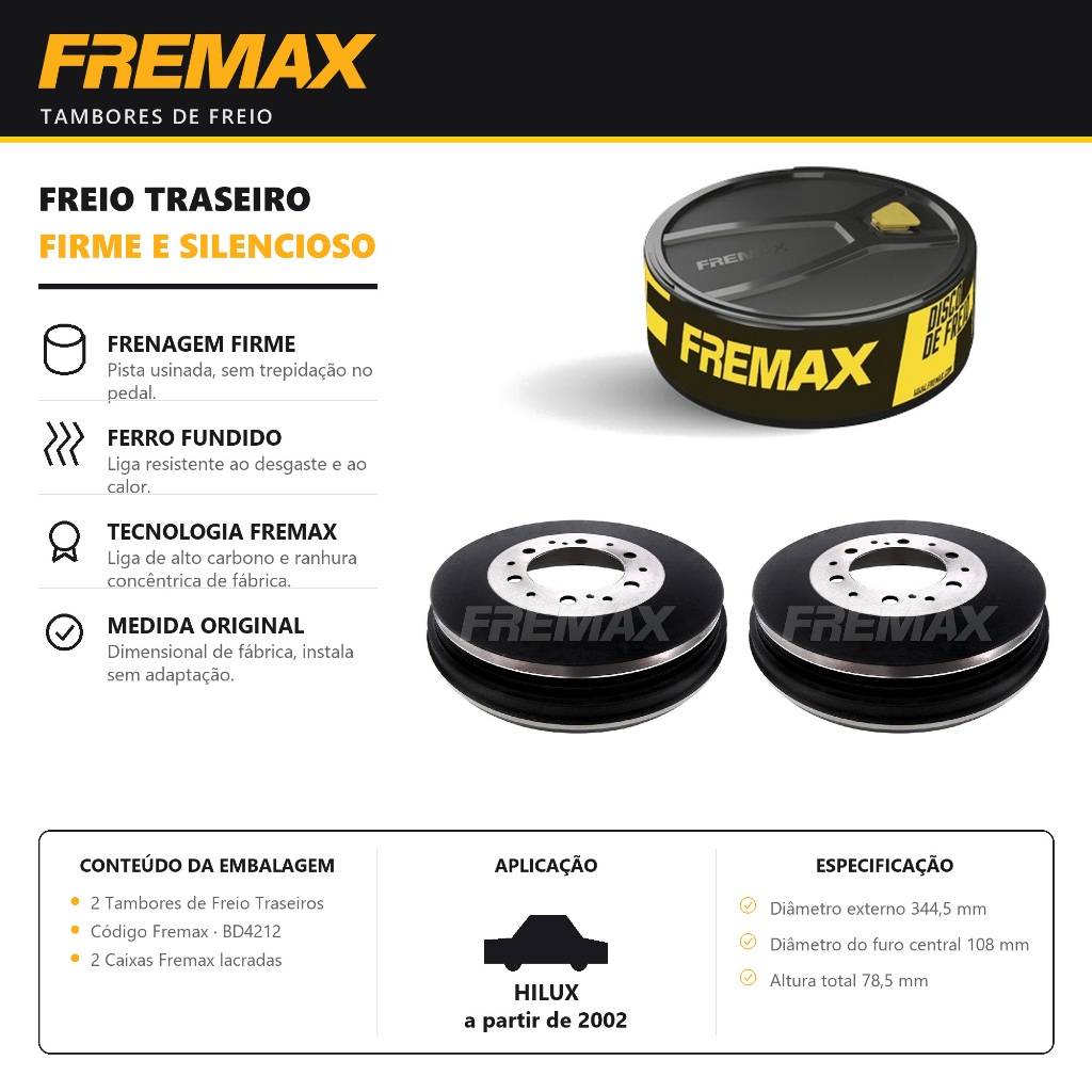 Par Tambor de Freio Traseiro Hilux 2002 em diante Fremax