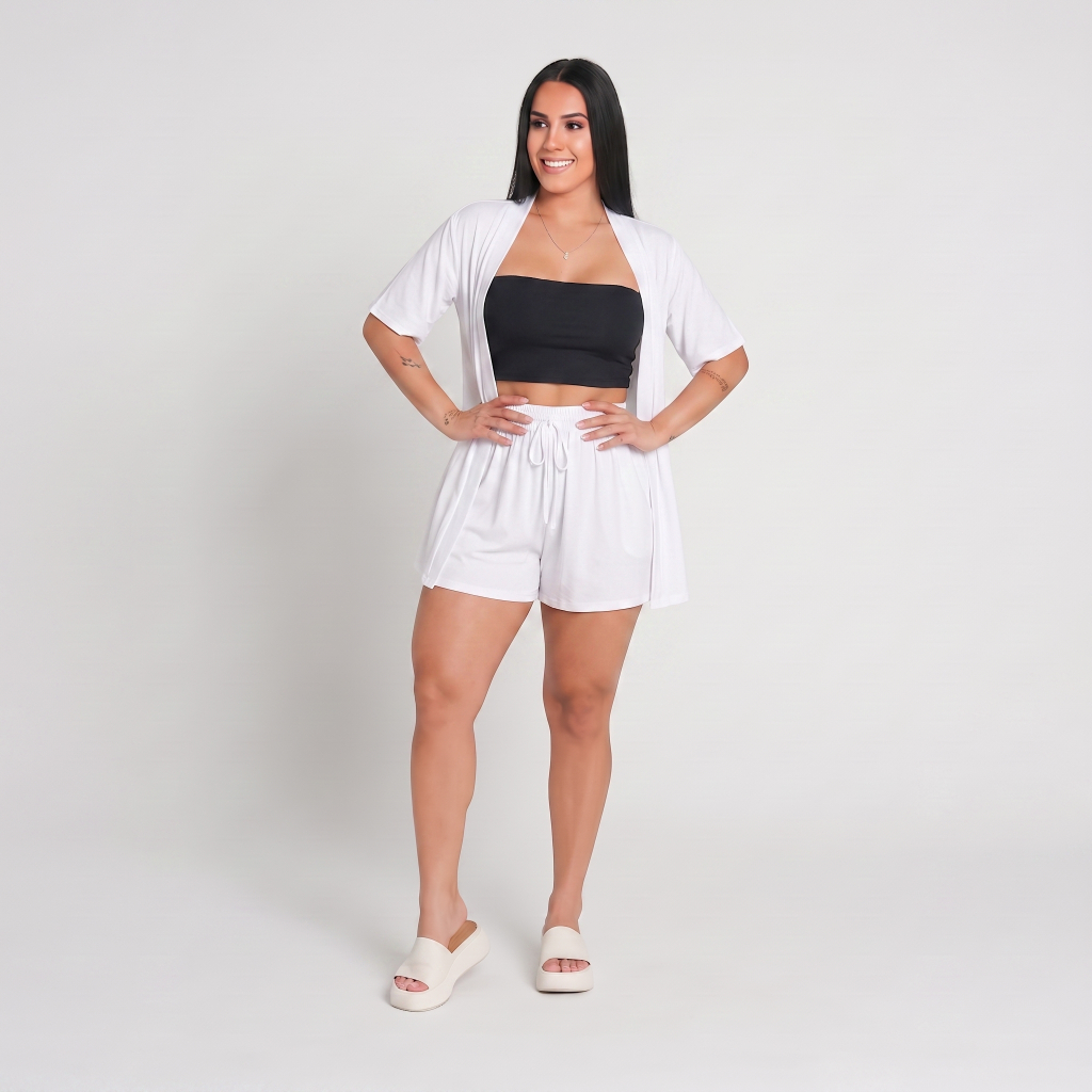 Conjunto Kimono Feminino Manga Curta E Short Duna Elegante Casual Alfaiataria Soltinho Para Todas as Ocasiões