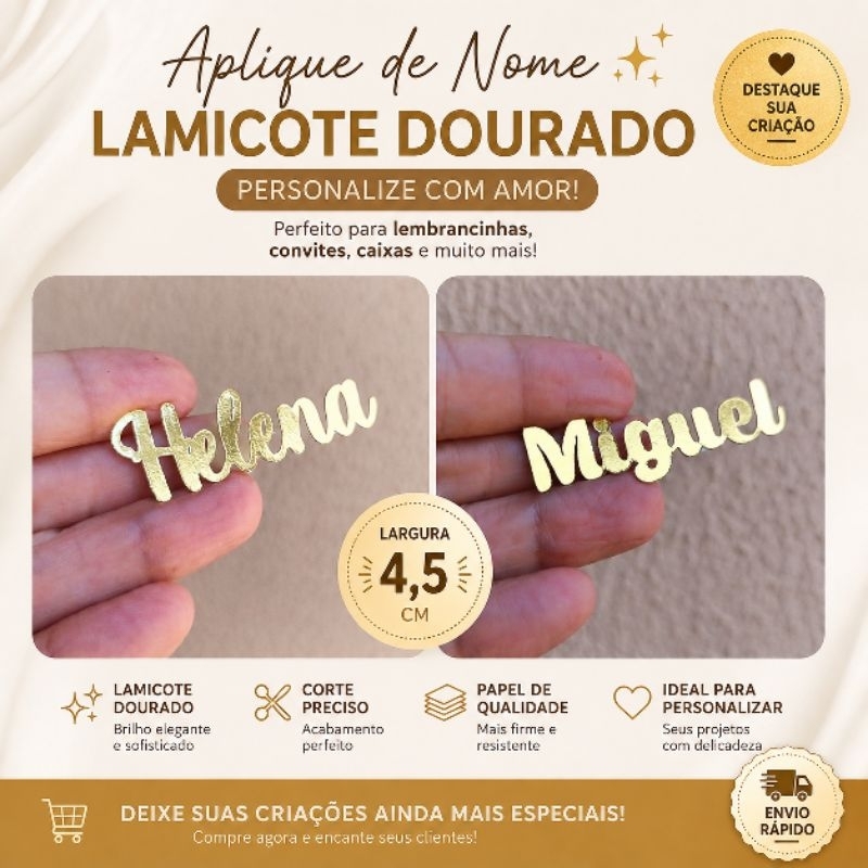 Kit Aplique de Nome Personalizado Lamicote Dourado ou Prata 4,5cm para Lembrancinhas de Festa