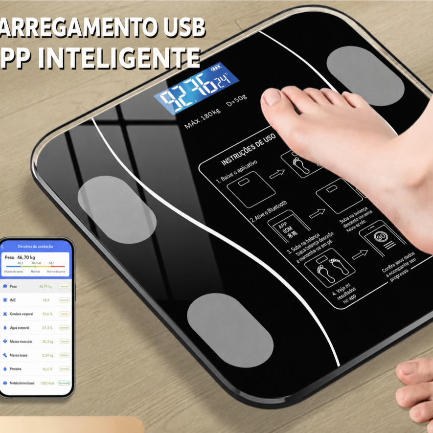 Balança Digital Com Aplicativo Medidora Corporal Bioimpedância até 180kg