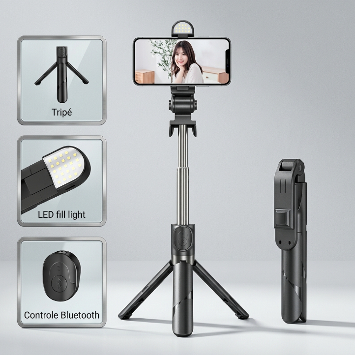 Tripé Selfie para Celular com Luz LED e Bluetooth, Bastão Ajustável Retrátil com Tripé Portátil e Controle Remoto, Compa