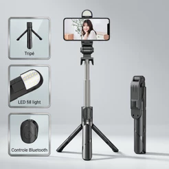 Tripé Selfie para Celular com Luz LED e Bluetooth, Bastão Ajustável Retrátil com Tripé Portátil e Controle Remoto, Compa