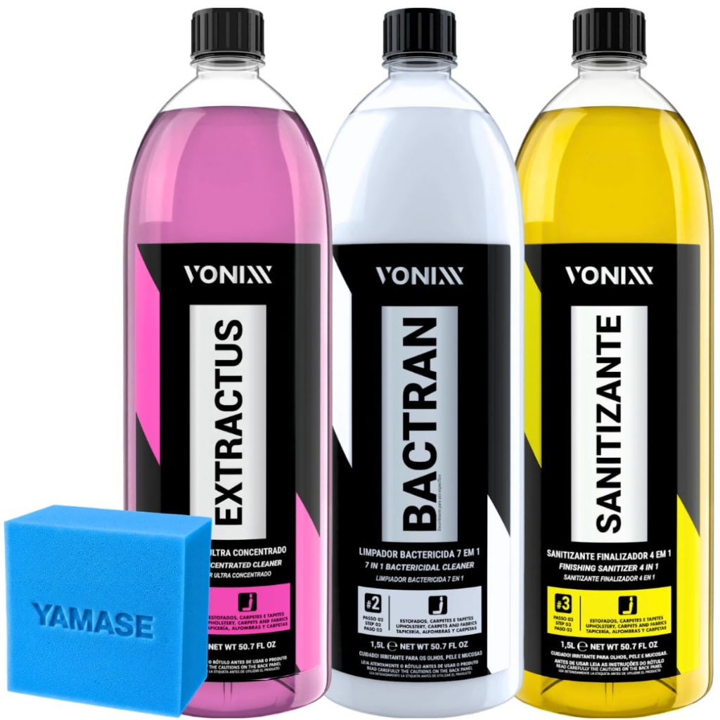Kit VSC Vonixx Limpeza Veicular Automotivo de Estofados e Carpets 1,5L Extractus Bactran Sanitizante