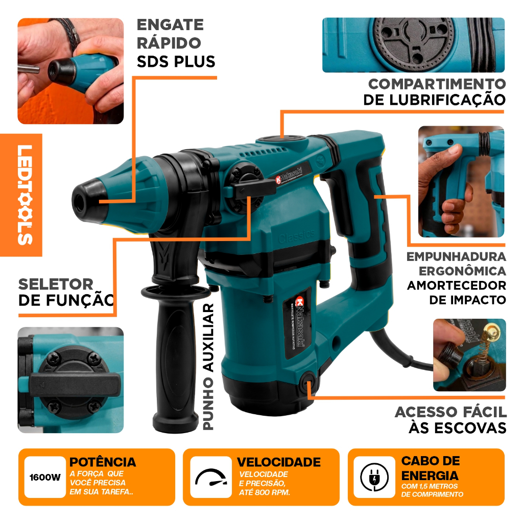 Martelete Perfurador Rompedor Rotativo 1600w Profissional SDS Plus 5,5J Com Kit Maleta · foto 2