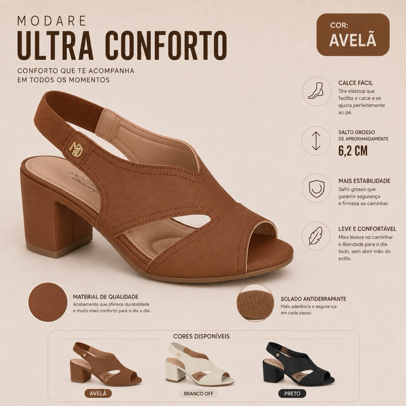 Sandália Feminina Modare Ultraconforto Calce Fácil Salto Bloco Médio Csual Confortável Original