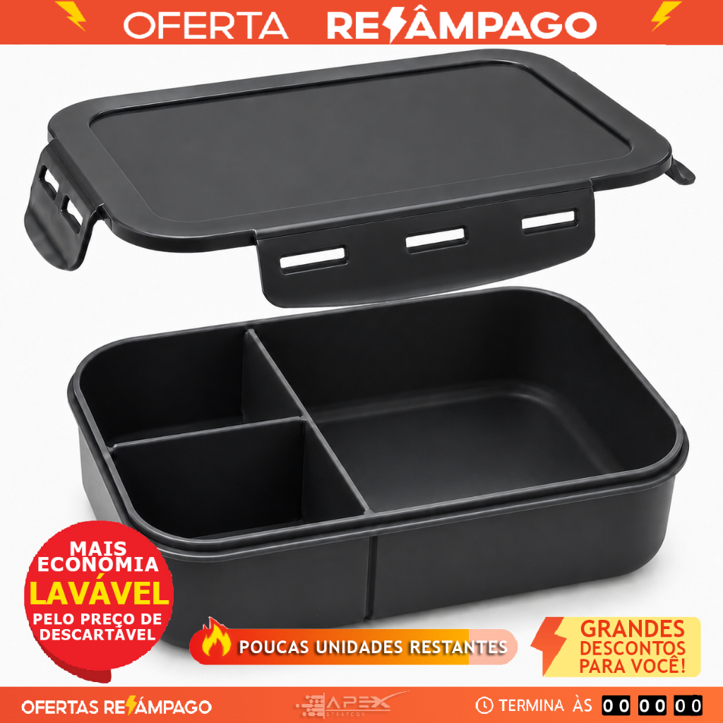 Marmita Hermética Preta 3 Divisórias 1250 ml BPA Free Reutilizavel Freezer Microondas Lava Louças